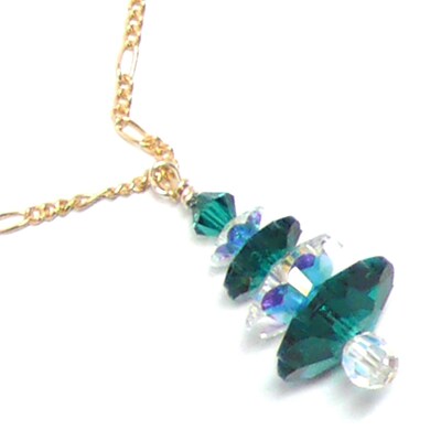Emerald-Green and Clear AB Snow-Laden Austrian Crystal Christmas Tree Chain Necklace 14 Kt. Gold-Filled - image1